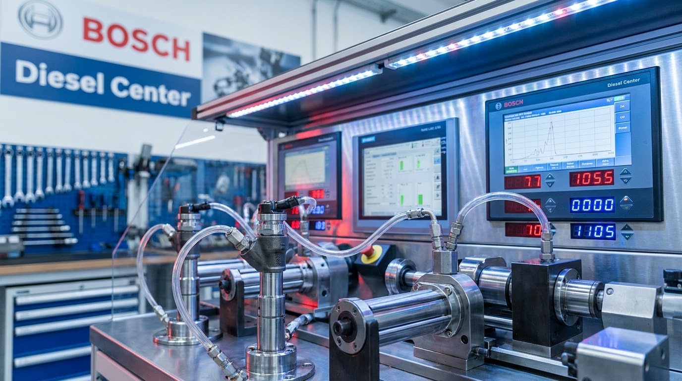 Bancada de ensaio diesel com injetores, tubos transparentes e ecrãs de diagnóstico numa oficina Bosch Diesel Center.